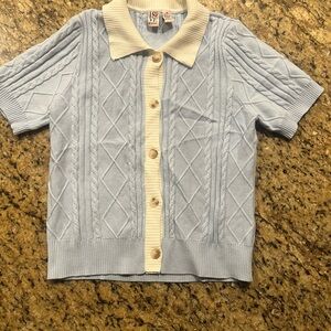 Love By Design Light Blue Knit Polo Cardigan with Cream Trim